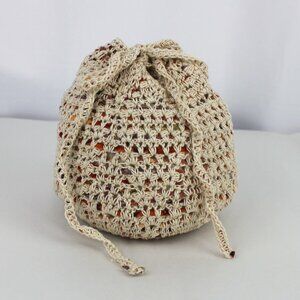 Cream Multicolor Crochet Drawstring Pouch Bag